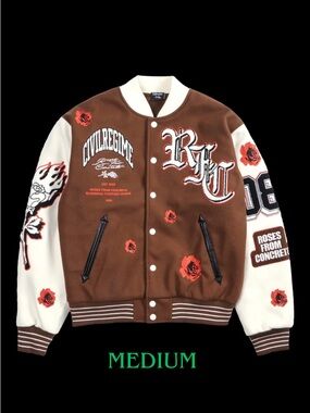Civil Regime Rose Garden Letterman Jacket in Butter/Reaper Brown MEDIUM